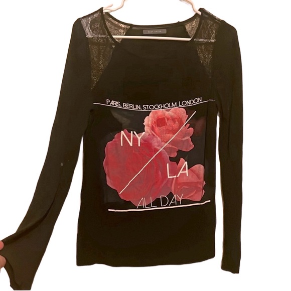 S/M Suzy Shier Women Tops Long Sleeve Elegant Mesh Print Rose Mesh Blouse - Picture 1 of 9